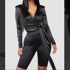 Black satin shirt set